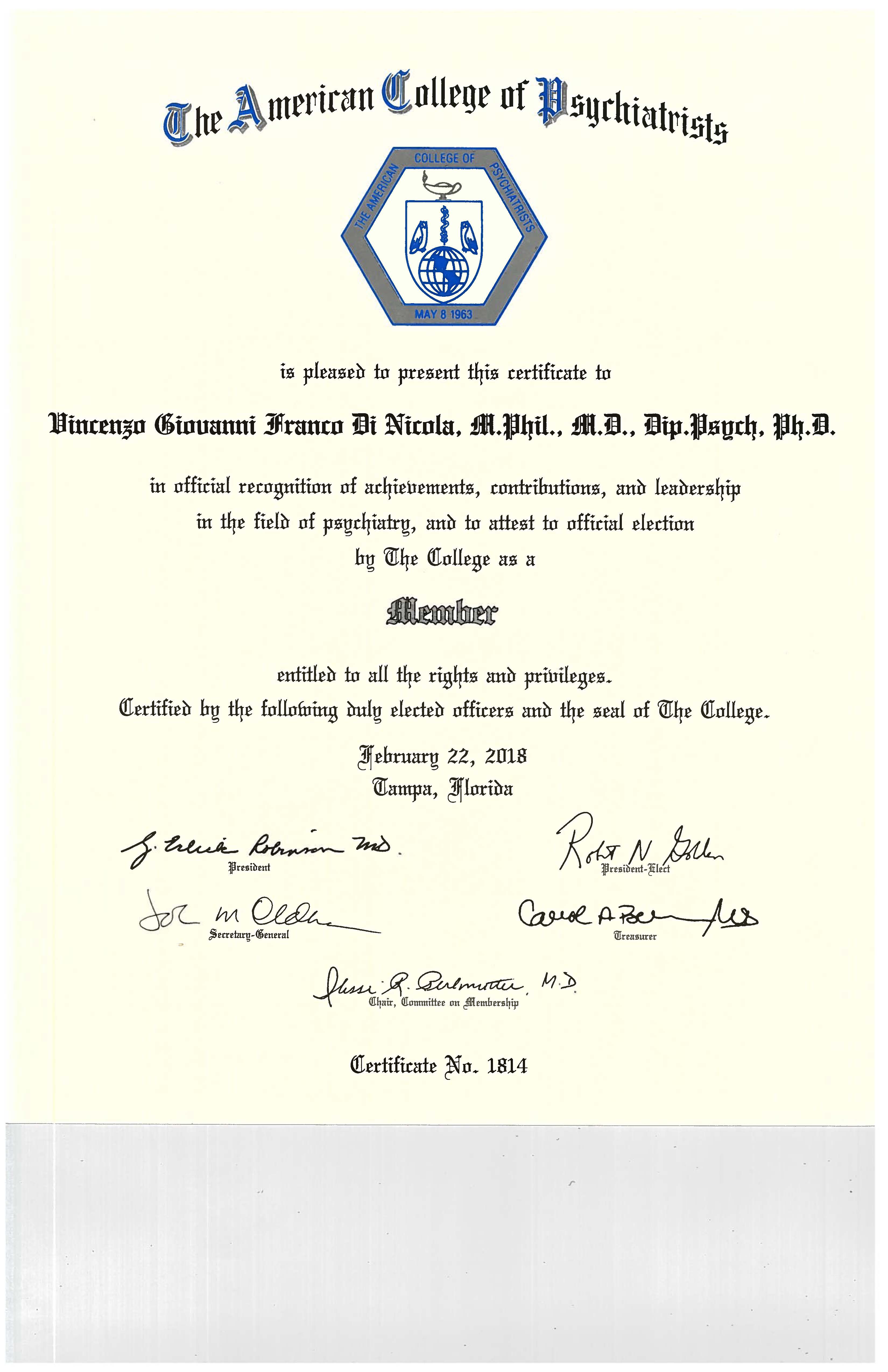 Member Certificate American College of Psychiatrists - Tampa, FL, USA - February 22, 2018 - Vincenzo Di Nicola