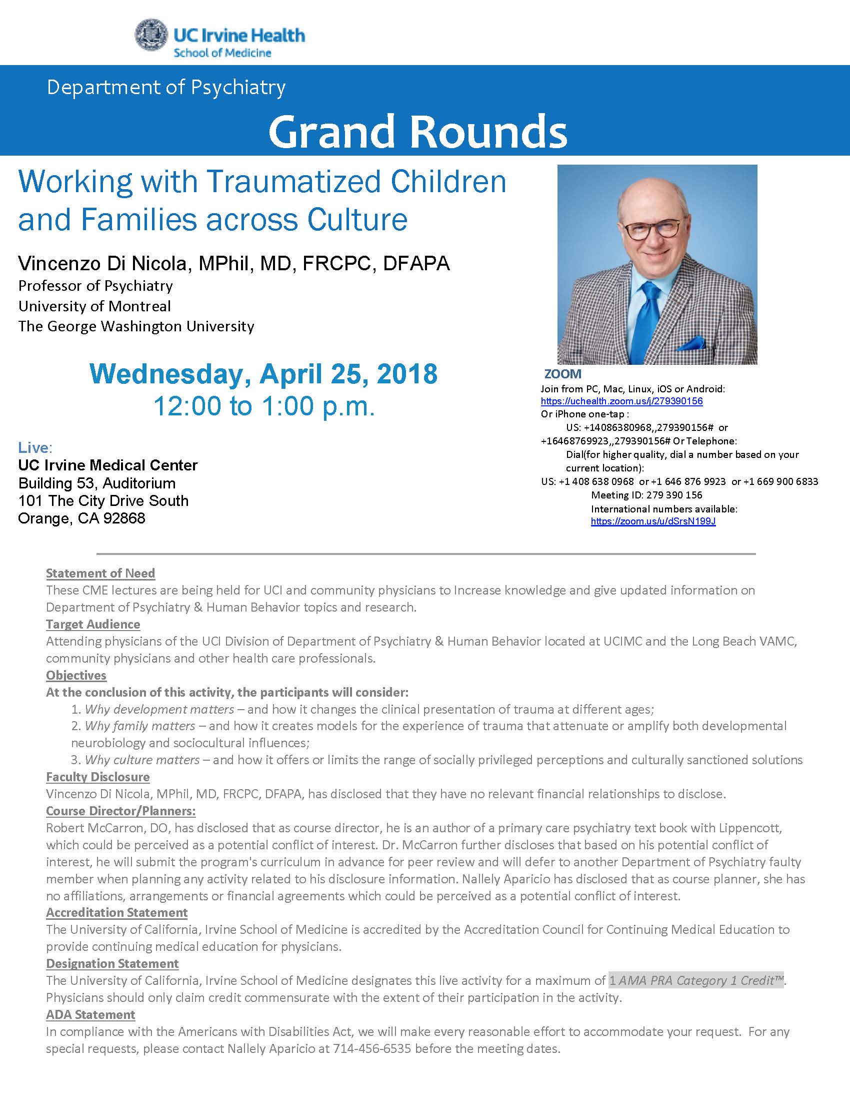 Psychiatric Grand Rounds - University of California-Irvine - 25.04.2018 - Vincenzo Di Nicola