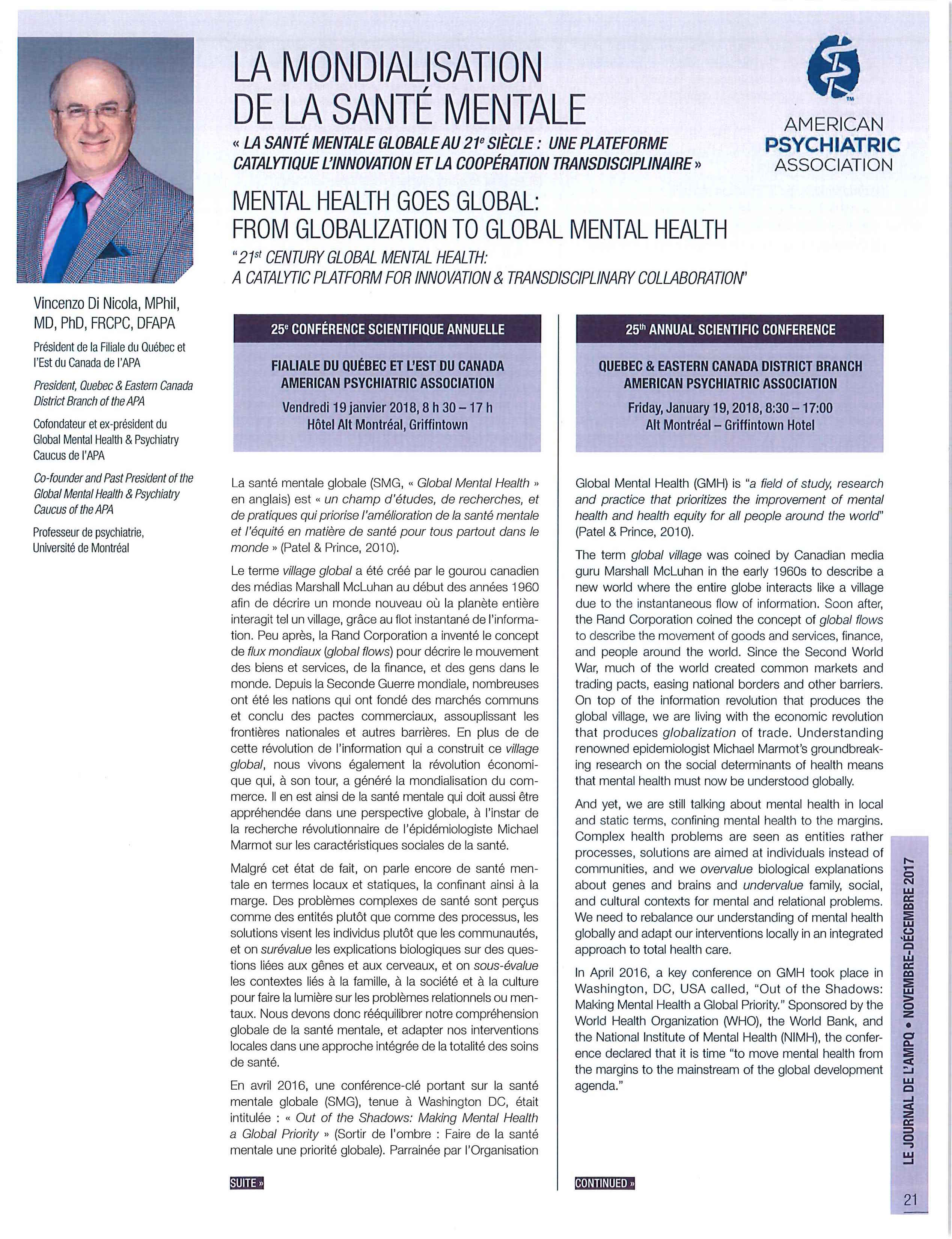 La mondialisation de la santé mentale - Le Journal de l'AMPQ - nov-déc 2017