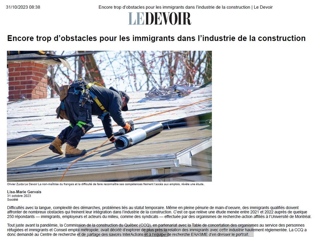 Gervais, Lisa Marie (2023) (Interview suite à la recherche de M-J Blain) Le Devoir, Économie 31 octobre 2023, https://www.ledevoir.com/societe/800992/immigration-encore-trop-obstacles-immigrants-industrie-construction - LeDevoir